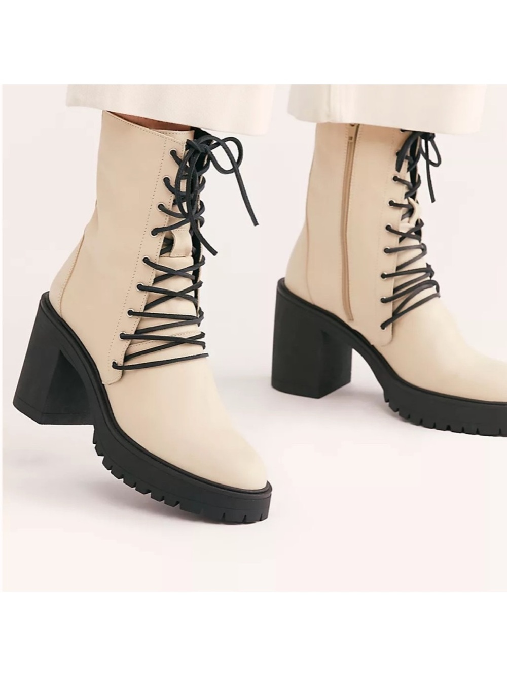 Free People Cream Lace-Up Chunky Heel Ankle Boots